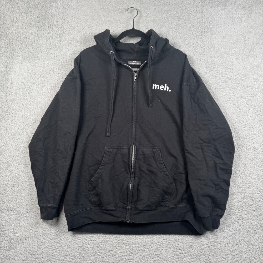 ThinkGeek Meh. Funny Sarcastic Graphic Zip Up Hoodie Black Sweatshirt Mens XL